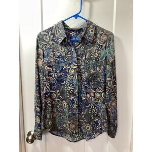 Peruvian Connection Batik Print Long Sleeve Button Down Shirt Blue Size Medium